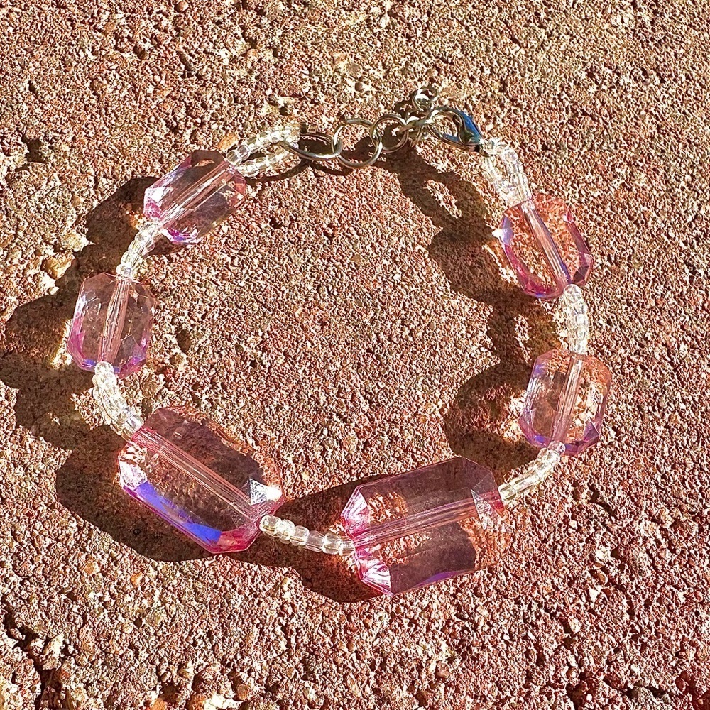Handmade White & Purple Iridescent Beaded Bracelet w Silver Colored Clasp